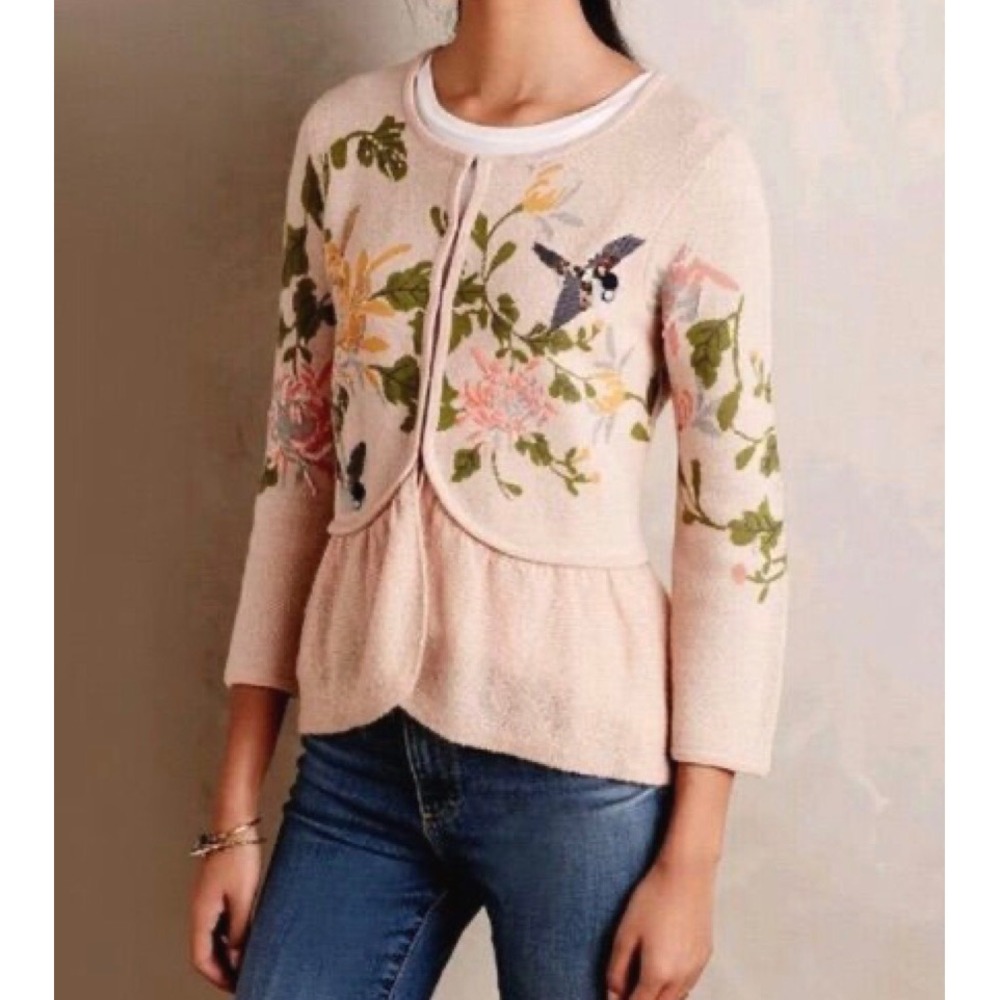 Moth Anthropologie Pink Embroidered Bird Floral Peplum Cardigan Sweater Small